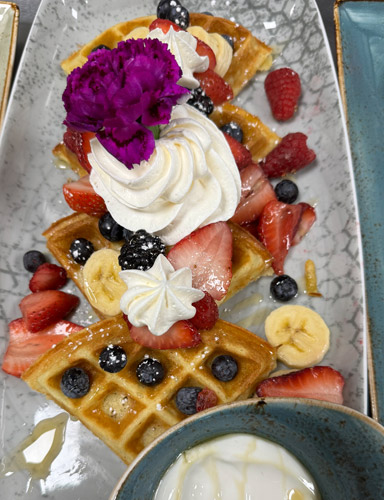 Waffles with blueberries, strawberries and banana from ERA.